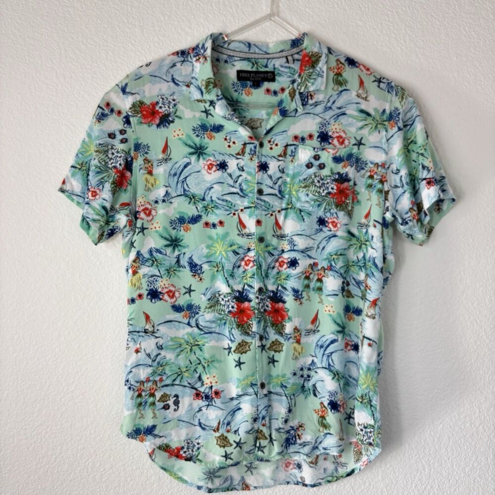 Free World Men’s Hawaiian Shirt L Multicolor Hula Floral Camp Cabana Resort